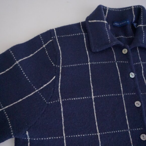 Karen Scott Navy Windowpane Cardigan Sweater Wool Classic A Preppy Cabincore 1X - Picture 6 of 12
